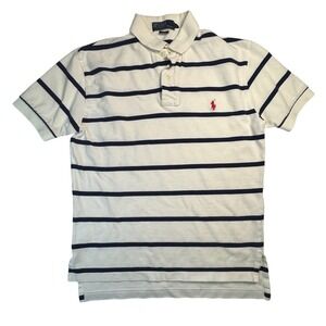 Polo Ralph Lauren Mens S White Navy Blue Red Striped Cotton Pique Polo Shirt